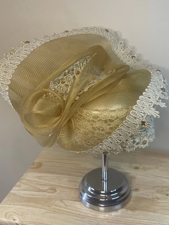 Ms Divine Metallic Gold Church Hat Lace Bow Elegant Derby Wedding Hat main image 9